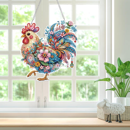 Bowetile Hanging Diamond Art Chicken Kits for Adults, 5D Special Shape Diamond Painting Rooster Pendant Kits, Animal Gem Art Suncatchers Painting Ornament for Home Garden Wall Window Decor
