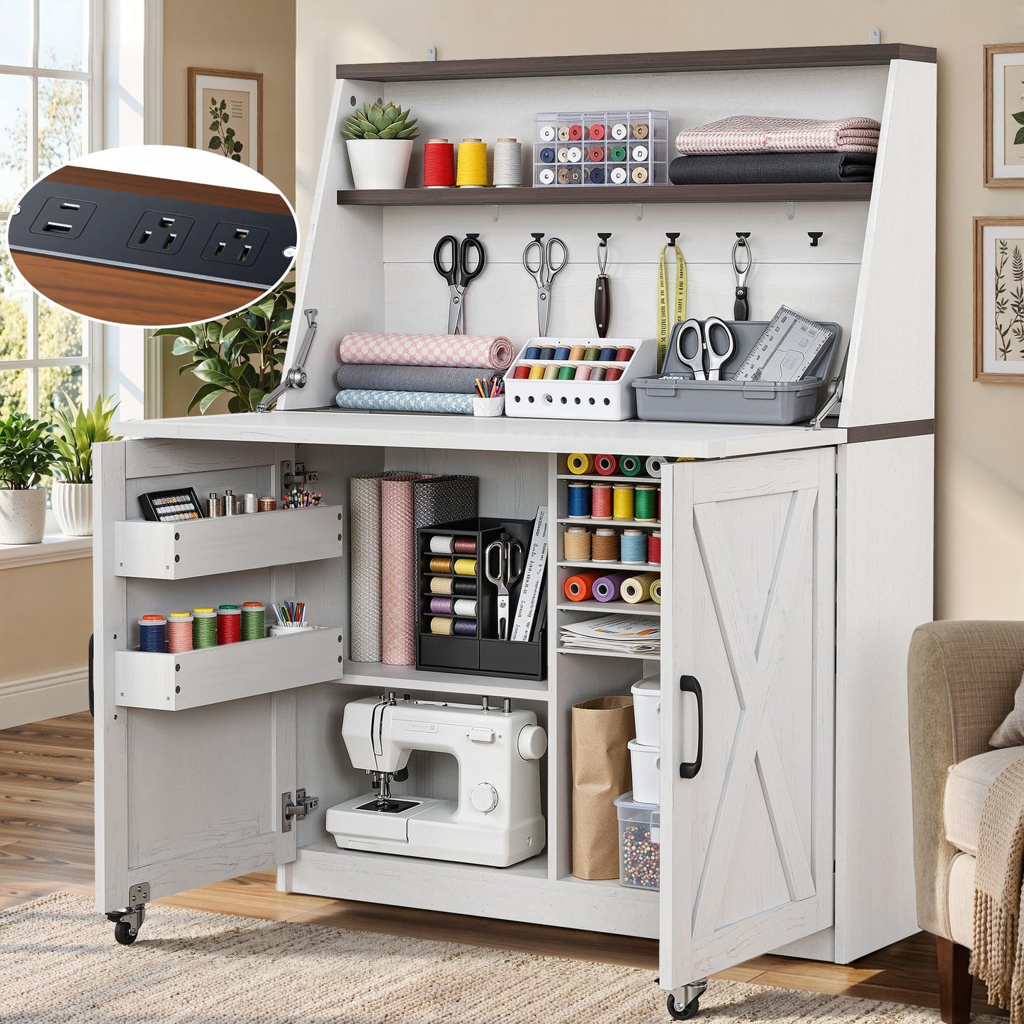 DWVO Folding Sewing Table with Charging Station & Storage, Multi-Function Craft Desk with Lockable Wheels, Magnetic Doors & Hidden Storage
