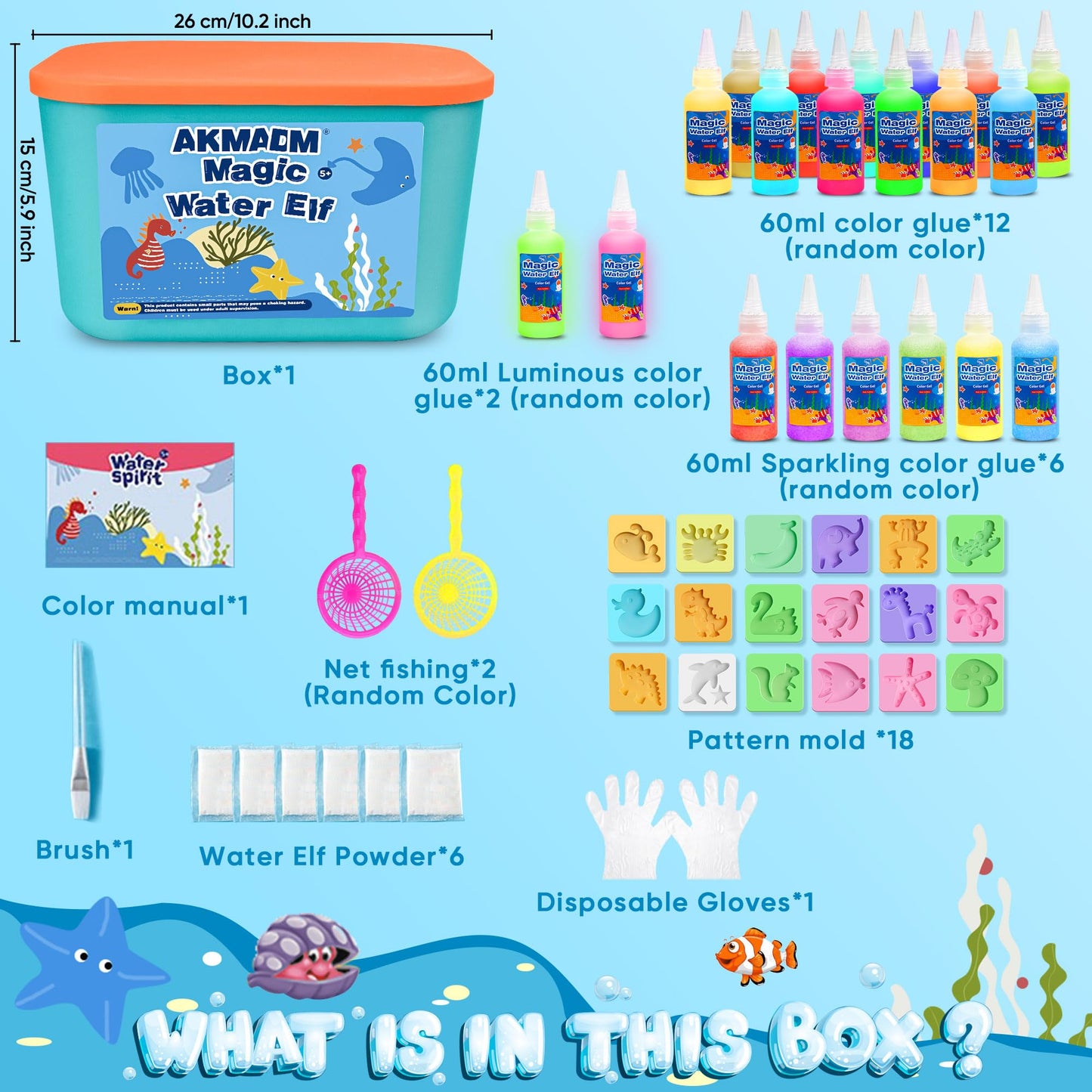 AKMADM Magic Water Elf Toy Kit for Kids - Aqua Fairy Water Gel Kit - 20 Colors*60ml Squishy Maker Set - 18 Shape Molds - Arts & Crafts Water Elf Creation kit - Children's DIY Marine Life (20 Colors)