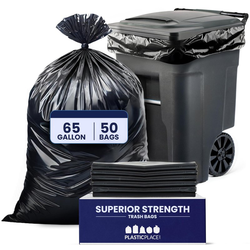 Plasticplace 65 Gallon Trash Bags │ 3.0 Mil │ Black Heavy Duty Garbage Can Liners │ 50” X 48” (50Count)