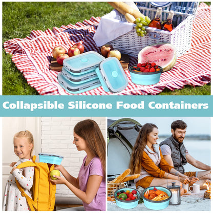 Zopeal 8 Pcs Collapsible Food Storage Containers Foldable Silicone Lunch Containers with Lids 4 Silicone Rectangle Collapsible Bowls and 4 Round Food Bowls Microwave Freezer Dishwasher Safe (Blue)