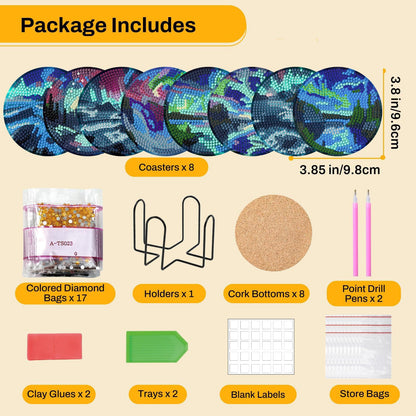 Northern Lights 8 Pcs Diamond Art Coasters Kits for Adults with Holder Cork Pads, DIY Non-Slip Diamond Painting Coasters for Home Office Decor 4x4in (Aurora)