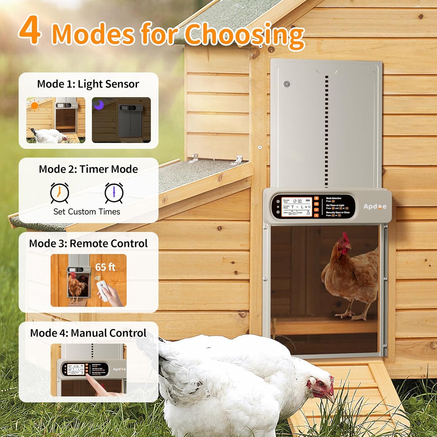 Anti-Pinch, 4 Automatic Chicken Coop Door Solar Powered with Timer, Light Sensor, Remote Control, Waterproof, Aluminum