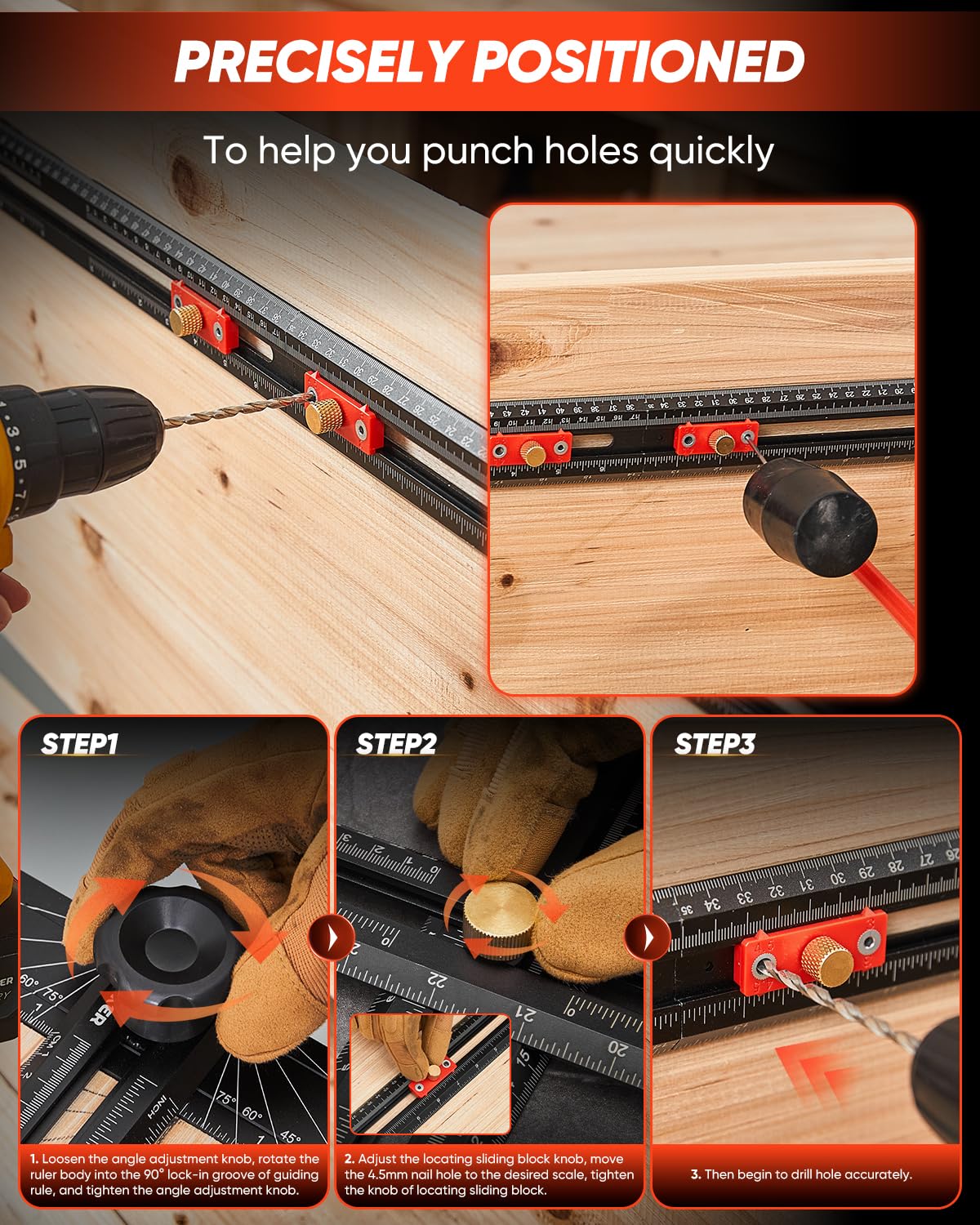 Saker 4-in-1 Scriber Marking Line Ruler, 29.5in Spliceable Extended T Square, Precision Line Drawing & Drilling Positioning Tool, Cabinet Hardware Jig with Angle Adjustment for Woodworking