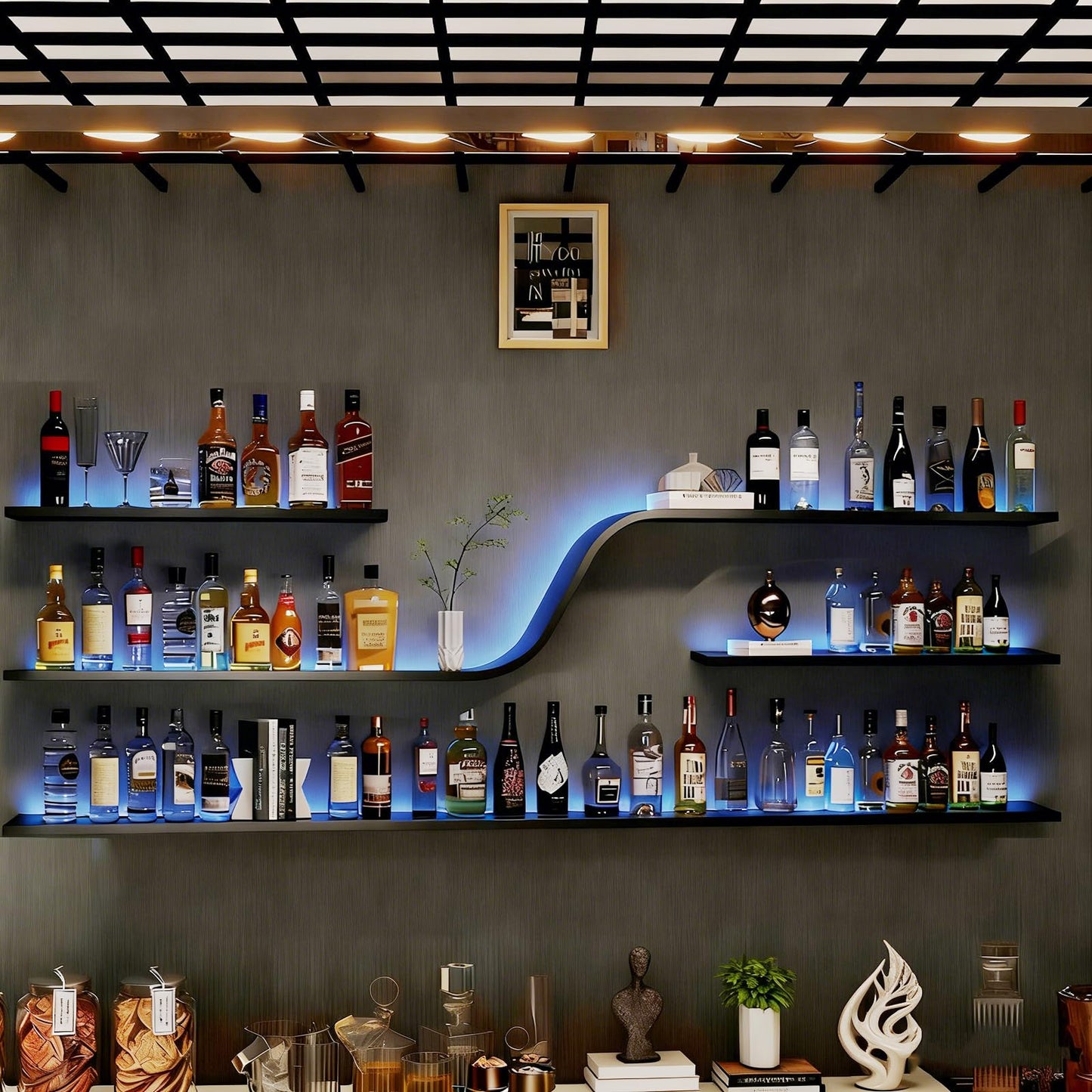 59IN Modern Wall Mounted Wine Rack with Blue LED Light, 3-tiers Metal Curved Bar liquor Bottles Display Shelf, Large Floating Bar Shelves Storage for Home bars, kitchens Coffee Shop (Black, 59in)