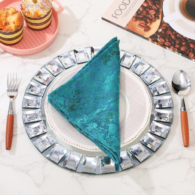 Suclain 6 Pcs Mirrored Glass Charger Plates 13 Inch Silver Mirror Plates Round Chargers for Dinner with Diamond Rim Settings for Wedding Birthday Party Events (Square Diamond Rim)