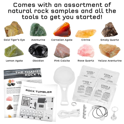 The Thames & Kosmos Rock Tumbler Essential STEM Tool | Durable, Leak-Proof, Noise-Reducing Barrel, Built-in Timer | Polish & Shine Kids Rock Collections, Includes Authentic Specimens & Polishing Grits