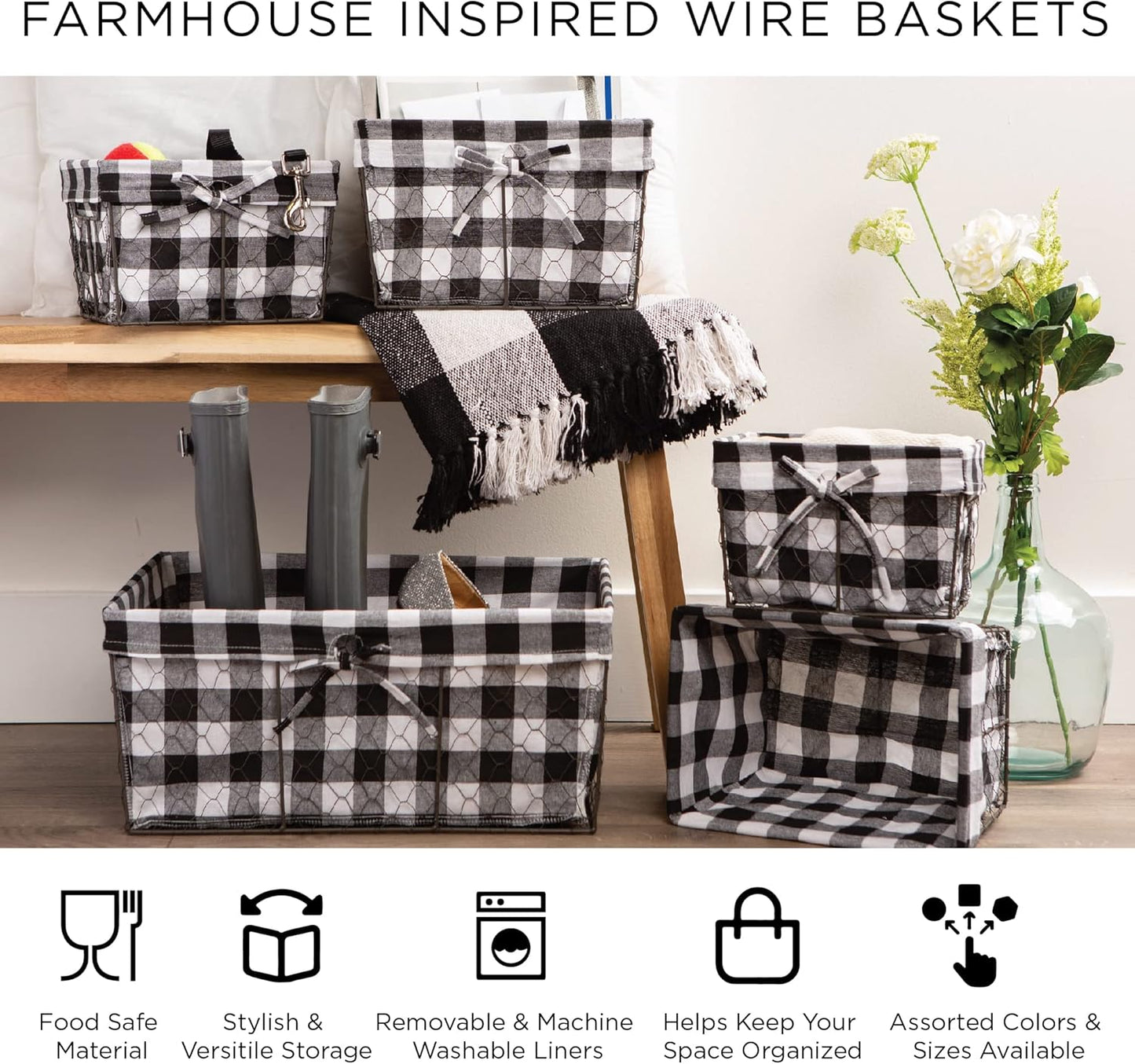 DII Farmhouse Chicken Wire Storage Baskets with Liner – Small, Vintage Black & White Check, 9x7x6", 3 Piece