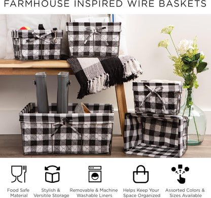 DII Farmhouse Chicken Wire Storage Baskets with Liner – Small, Vintage Black & White Check, 9x7x6", 3 Piece