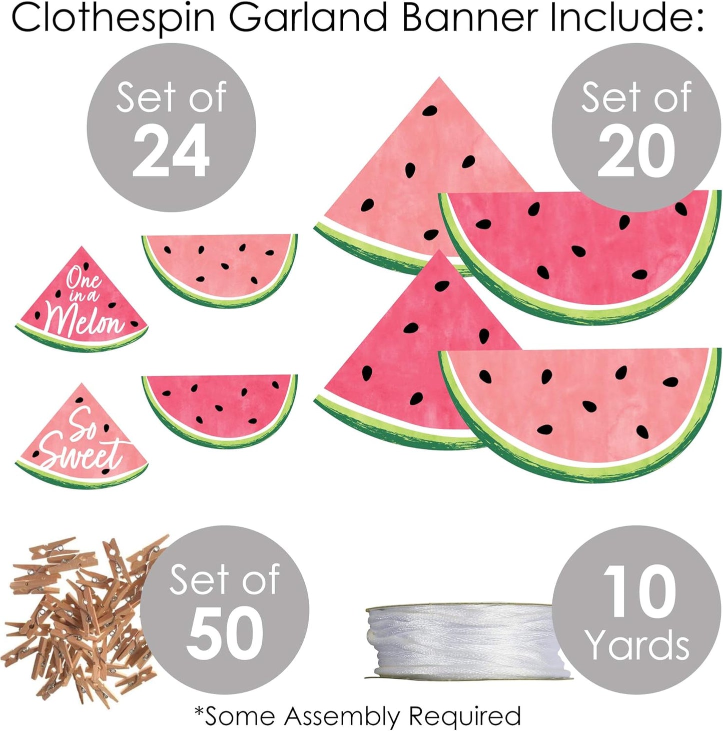 Big Dot of Happiness Sweet Watermelon - 44 Pieces Fruit Party DIY Decorations Clothespin Garland Banner