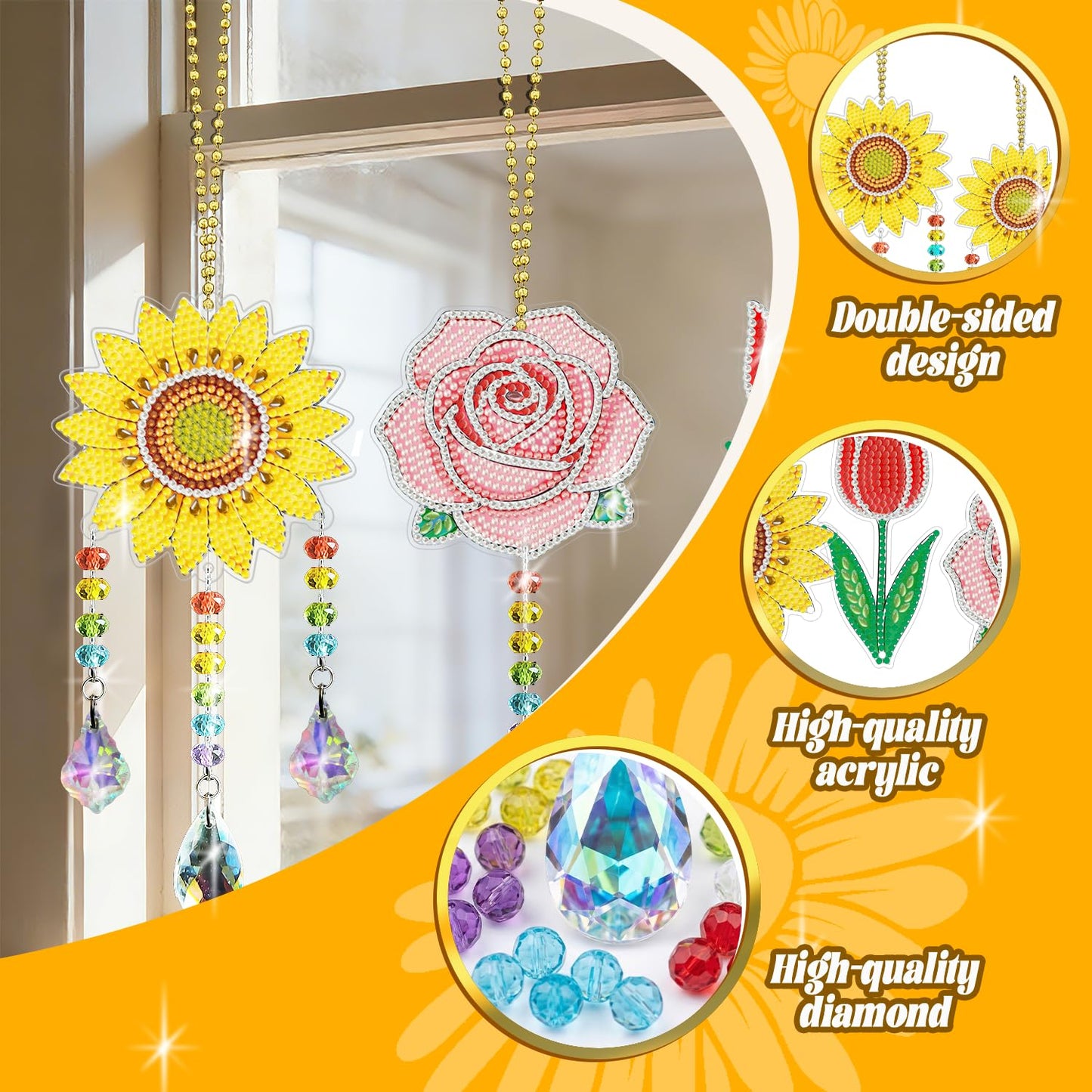 Leatrice 3PCS Flower Diamond Art Kits Suncatcher Small Diamond Painting Set Pendant DIY Crafts Hanging for Home Decro Double Sided Crystal Rhinestone Decorations