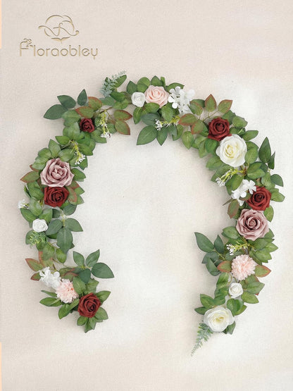 Floraobley 5.5FT Artificial Flower Garland Burgundy Rose & Greenery for Wedding Arch Backdrop Table Centerpiece Mantel Decor, with 3D Butterflies & Decorative Accessories
