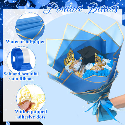 Gilprop 75 Pcs Graduation Gifts Flower Bouquet Wrapping Paper Kit 2026 DIY Fake Roses Flowers Bouquet Ribbon Artificial Rose for Craft Floral Paper with 3D Graduation Cap Butterfly Decor(Blue)