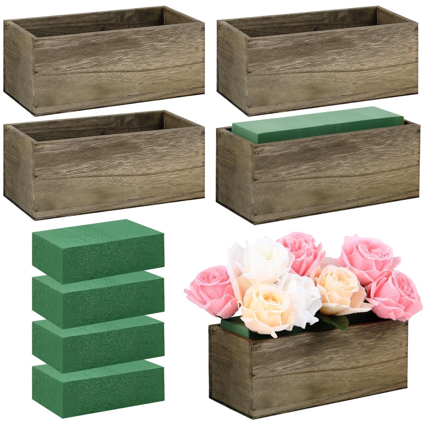 Havawish 5 Sets 10 x 4 x 4 in Wood Rectangular Planter Boxes Bulk Wood Flower Box Centerpiece Vases with Floral Foam Blocks Rustic Flower Pot Indoor Window for Wedding Arrangement