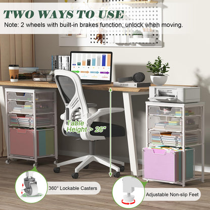 Sbanmao 4 Drawer Rolling File Cart with Wheels, Mobile Filing Cabinet for Home Office, Hanging File Organizer, Under Desk Storage, Multifunctional Utility Cart Printer Stand, White