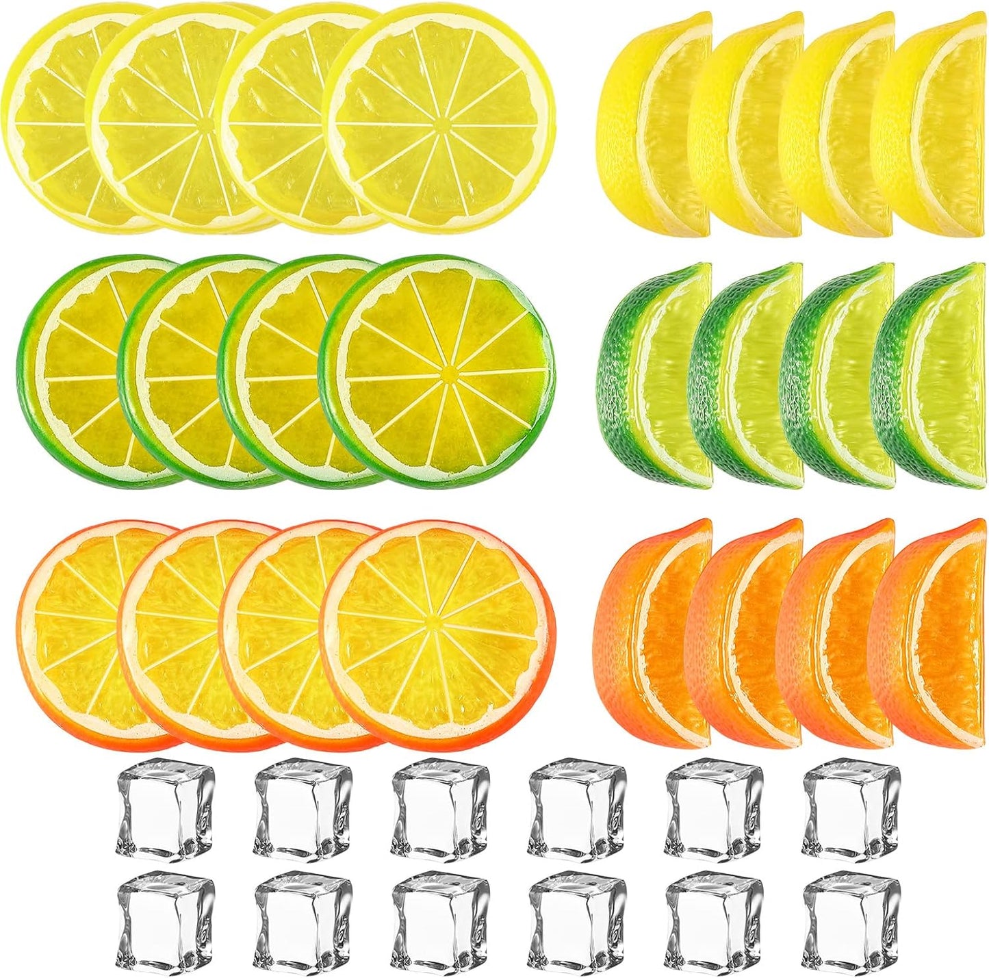 24 12 Set Cindeer Pcs Fake Lemon Slices Blocks and Pcs Fake Ice Cubes - Artificial Lemon Lime Slice and Acrylic Ice