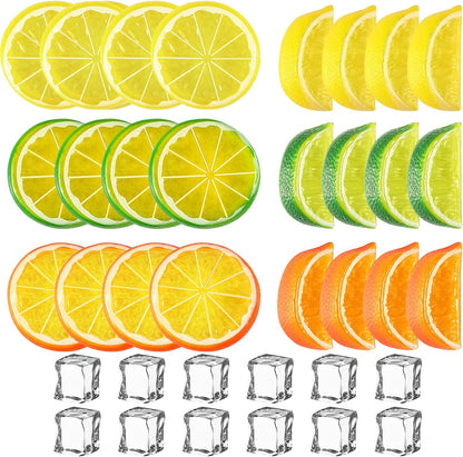24 12 Set Cindeer Pcs Fake Lemon Slices Blocks and Pcs Fake Ice Cubes - Artificial Lemon Lime Slice and Acrylic Ice