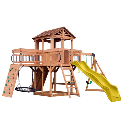Backyard Discovery Sterling Point Cedar Wood Swing Set with Wave Slide, Raised Clubhouse, Wooden Bridge, Rock Wall, Belt Swings, Web Swing, Trapeze, Balcony, Climbing Wall, Ladder, Outdoor Playset
