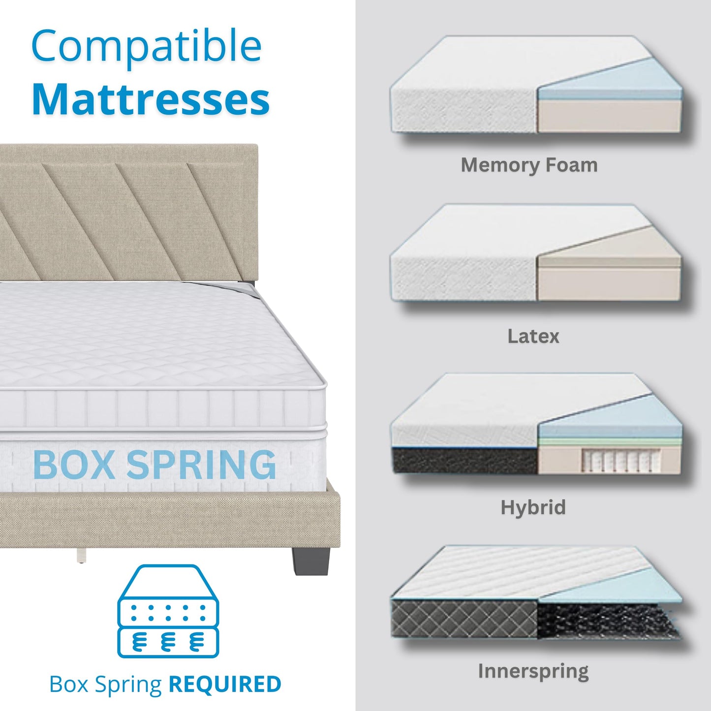 Boyd Sleep Diagonal King Size, White Linen Upholstered Platform Bed with Adjustable Headboard - Qualified Box Spring or Foundation Required for Use