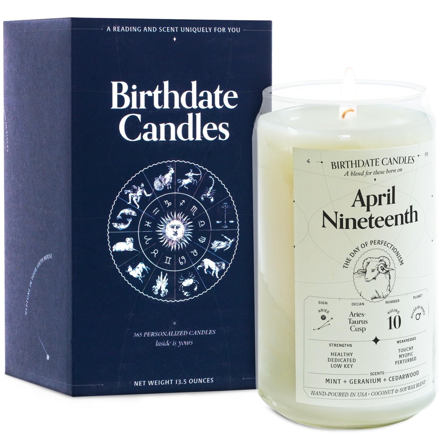 Birthdate Candles, April 19 - Aries Zodiac Scented Candles Birthday Gift - Mint, Geranium & Cedarwood Scent - All-Natural Soy & Coconut Wax, 60-80 Hour Burn Time - Made in USA