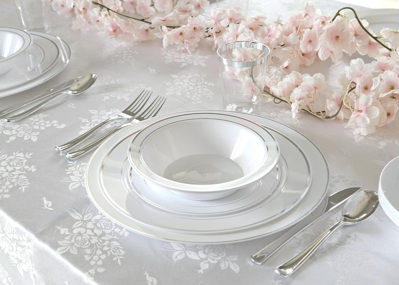 OCCASIONS 120 Plates Pack, Heavyweight Disposable Wedding Party Plastic Plates (7.5'' Appetizer/Dessert Plate, White & Silver Rim)