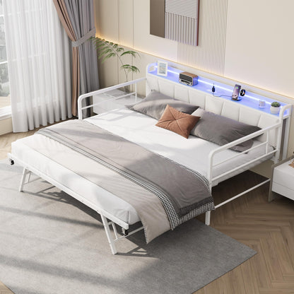 Garvee Twin Daybed with Trundle, Charging Station and LED Light, Linen Upholstered Storage Headboard, Heavy Duty Metal Bed Frame with Pop Up Trundle Bed for Living Room, Bedroom, and Guest Room, White