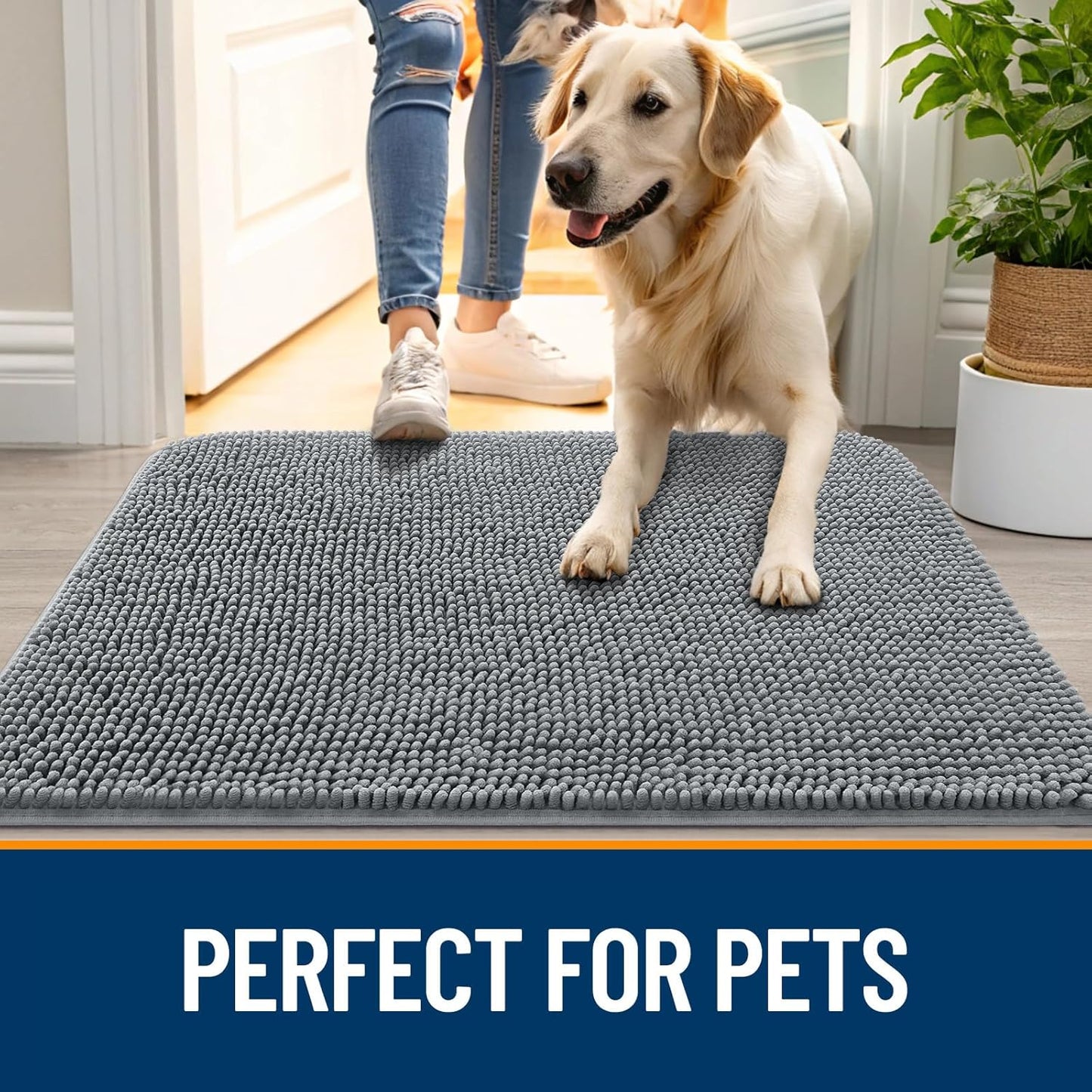 OLANLY Dog Door Mat - Absorbent Non-Slip Chenille Mat for Muddy Paws | 47x24 Inches, Grey