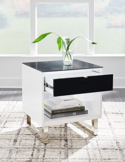 Signature Design by Ashley Gardoni Modern Glass-Tabletop End Table with 1 Drawer, Open Shelf, and High Gloss Finish, White & Black
