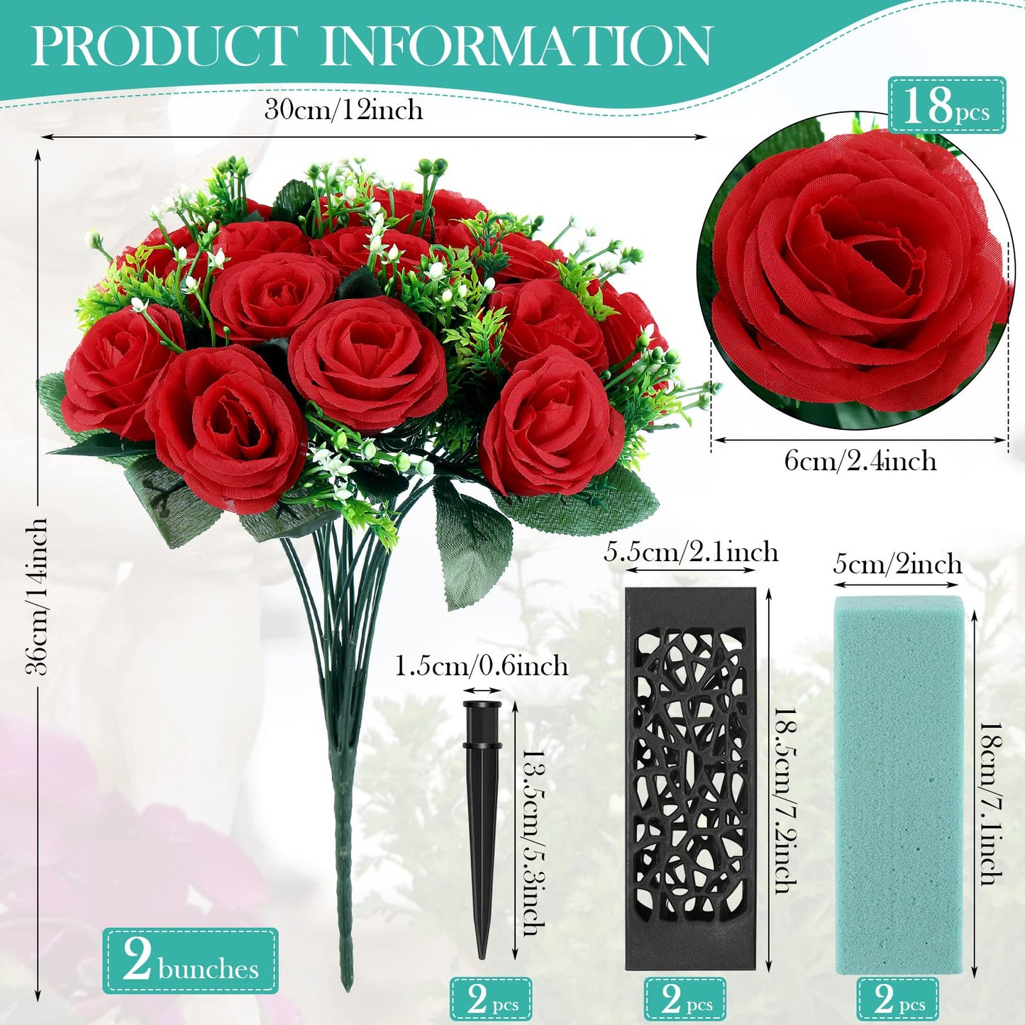 Yahenda 2 Sets Artificial Cemetery Flowers 36 Heads Rose with 2 Grave Markers Flower Holder Vase with Drainage Hole Long Spikes and 2 Floral Foam Blocks for Outdoor Memorials (Red)