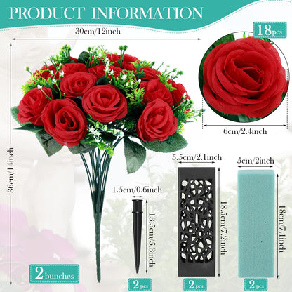 Yahenda 2 Sets Artificial Cemetery Flowers 36 Heads Rose with 2 Grave Markers Flower Holder Vase with Drainage Hole Long Spikes and 2 Floral Foam Blocks for Outdoor Memorials (Red)