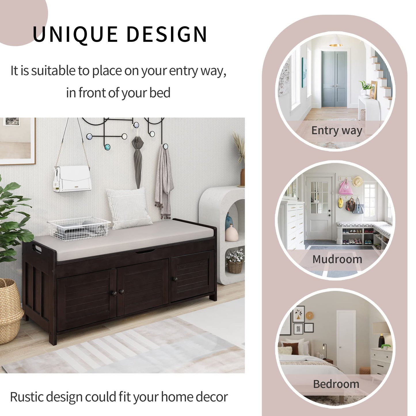 Brisca Wood Storage Bench 3 Shutter-Shaped Doors,Multifunction Shoebox,W/ 2 Size and Removable Cushion & Hidden Savings Space,for Entryway,Bedroom,Living Room,Espresso