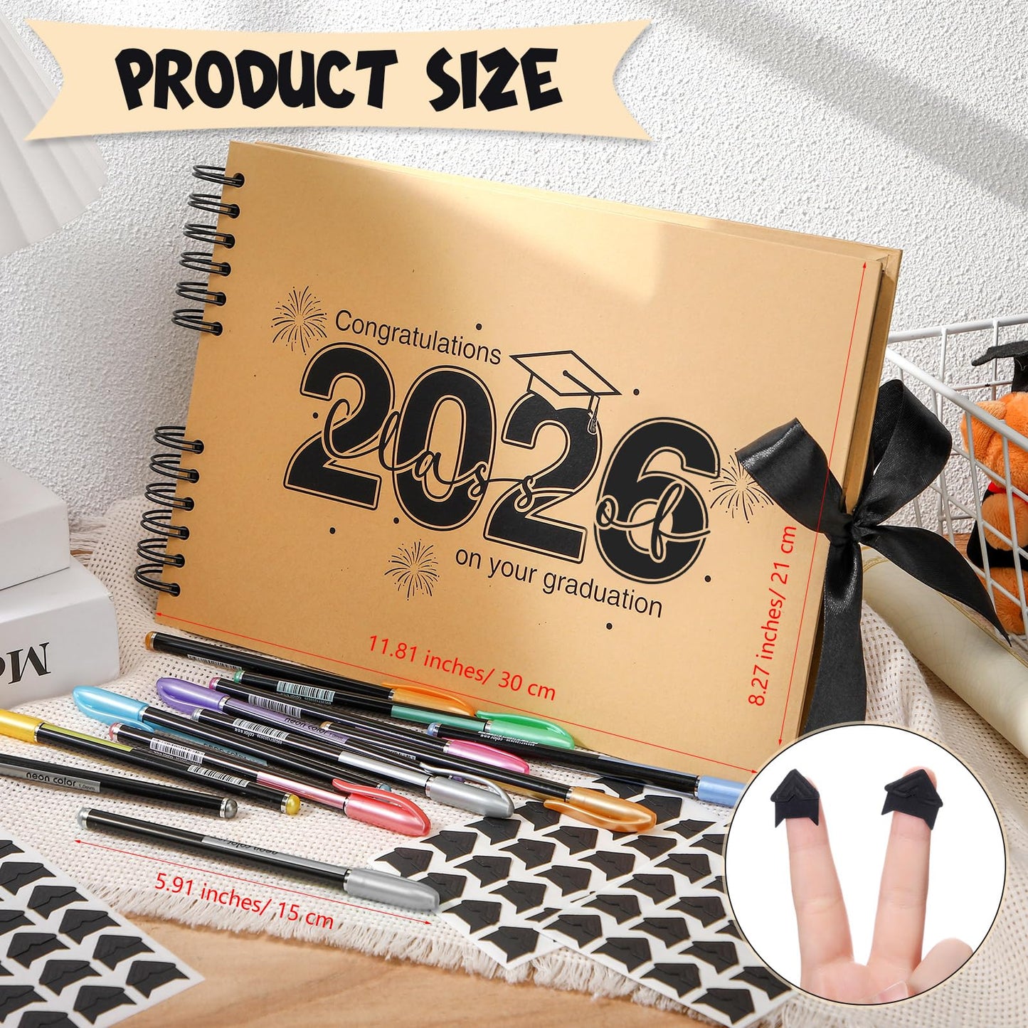 Dunzoom 80 Pages Graduation Scrapbook Kit 11 x 8 Inch Photo Album of 2026 Graduation Decoration with 12 Metal Pens and 4 Sheets Stickers for DIY School Congrats Grad Memory Book to Sign(Brown)