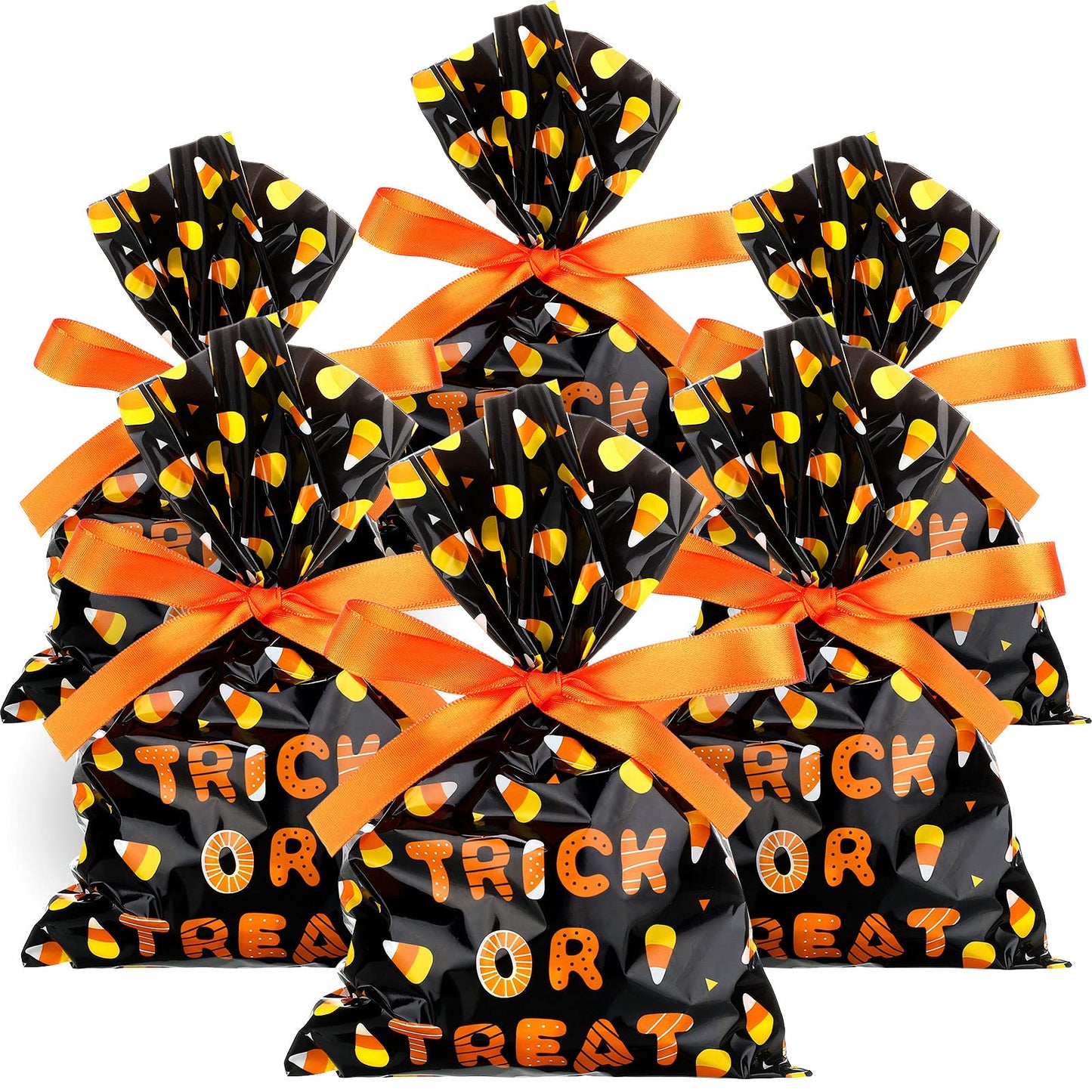 Tenare 100 Pcs Halloween Cellophane Treat Bags Plastic Goodie Candy Bags Corn Wrapped Gift Loot Bags with 22 Yards Ribbon for Treating Class Parties Favor Crafts, 6 x 9 Inch