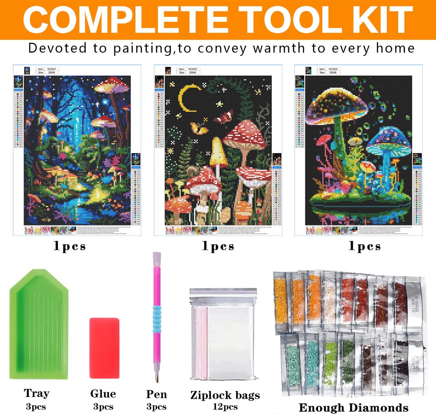 3 Pack Diamond Art Kits for Adults, Mushroom Diamond Painting Kits for Adults, 5D DIY Round Drill Gem Art Paint with Diamonds Dots Crafts Kits for Home Decor Gift 12x16inch