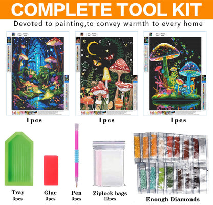 3 Pack Diamond Art Kits for Adults, Mushroom Diamond Painting Kits for Adults, 5D DIY Round Drill Gem Art Paint with Diamonds Dots Crafts Kits for Home Decor Gift 12x16inch