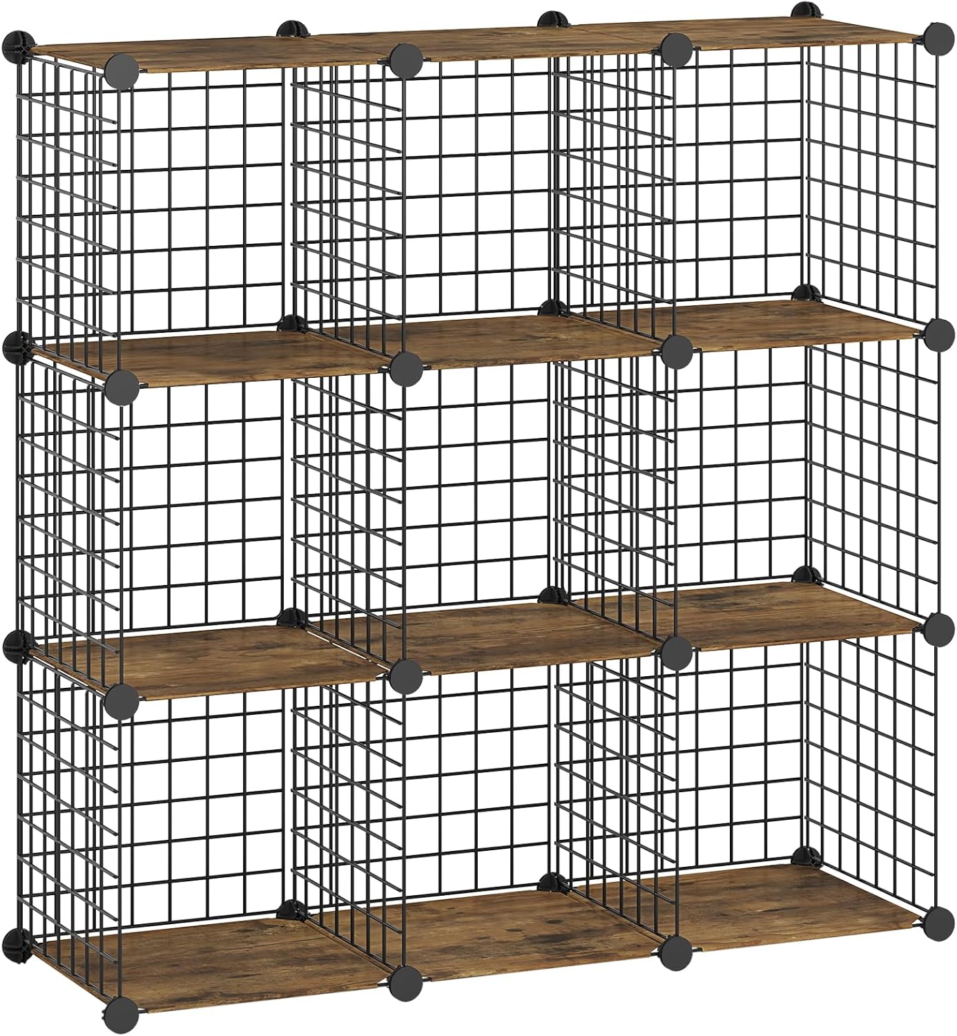 HOOBRO 9-Cube Wire Storage Organizer, Metal Grid Shelf, Modular Cabinet for Living Room, Bedroom, Rustic Brown and Black