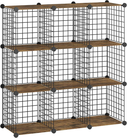 HOOBRO 9-Cube Wire Storage Organizer, Metal Grid Shelf, Modular Cabinet for Living Room, Bedroom, Rustic Brown and Black