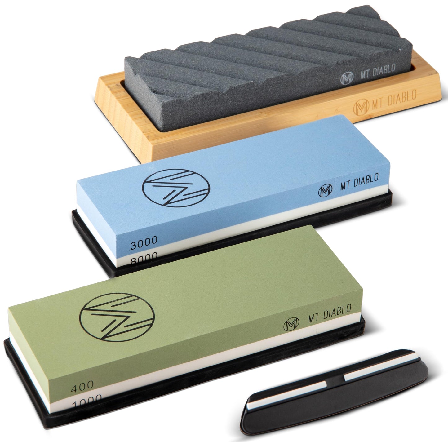 Mt Diablo Knife Sharpener Stone Kit for Chefs & Woodworkers: Dual-Grit Whetstones 400/1000 & 3000/8000, Premium White Corundum, Knife Sharpening Kit with Bamboo Base & Angle Guide, Flattening Stone