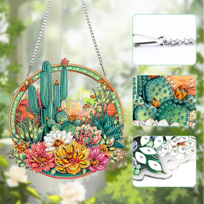 Lxmsja DIY Cactus Garden Diamond Painting Hanging Ornament, Double-Sided Acrylic Desert Flowers Diamond Art Kit, Special Shaped Suncatcher Hanging Pendant Window Art Kit