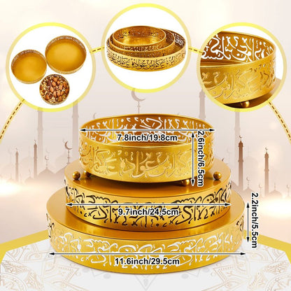 Ramadan Serving Trays - 3 Pieces Iron Gold Round Platter, 3 Sizes Eid Candy Dish, Muslim Pastry Snacks Dessert Holder for Ramadan Mubarak Party Supplies Home Decor