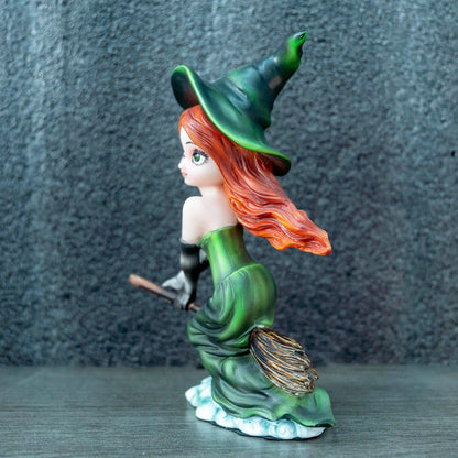 Enchanted Green Witch Resin Statue - Riding Broom Flying Style Figurine, Whimsical Gothic Witchcraft Decor, Fantasy Collectible for Halloween, Christmas & Home Office, Unique Wiccan Altar Accent Gift