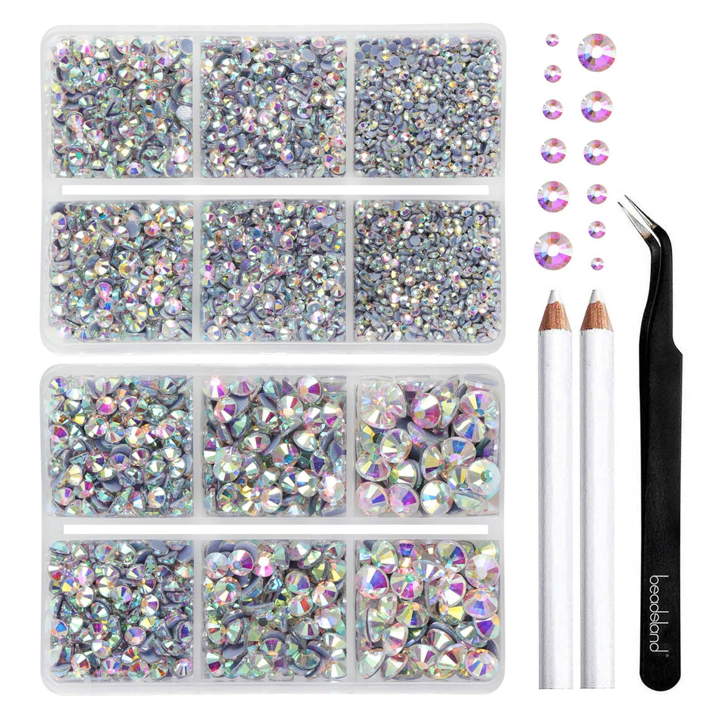 BEADSLAND Hotfix Rhinestones, 6080PCS AB Rhinestones for Clothes Crafts Mixed 6 Sizes with Wax Pencil and Tweezers Kit, SS6-SS30, Crystal AB
