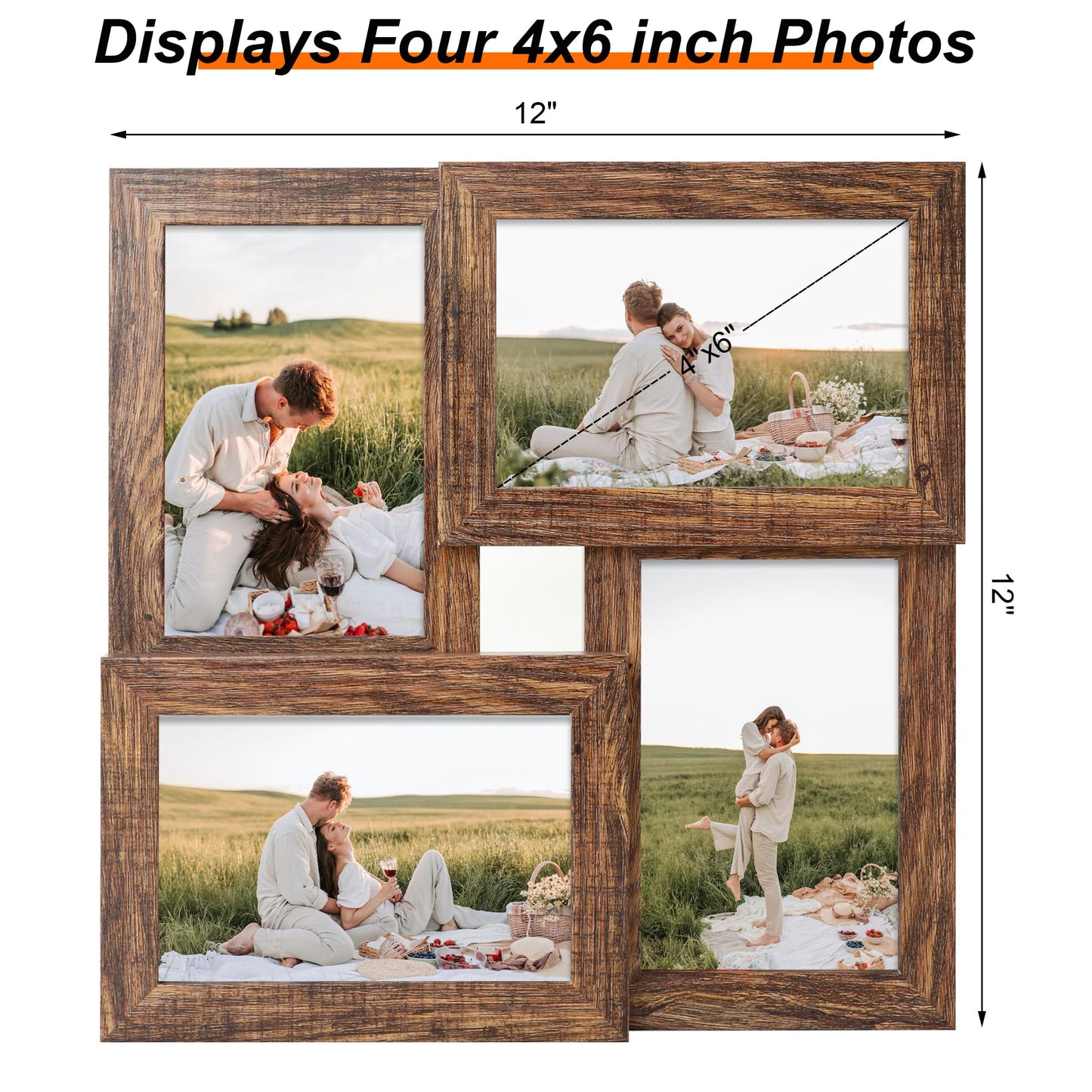 YESKAY 4x6 Collage Picture Frames, Multi Family Photo Frame with Real Glass, Displays Four 4x6 Photo, Wall Decor Wall Hanging or Tabletop, Rustic Brown