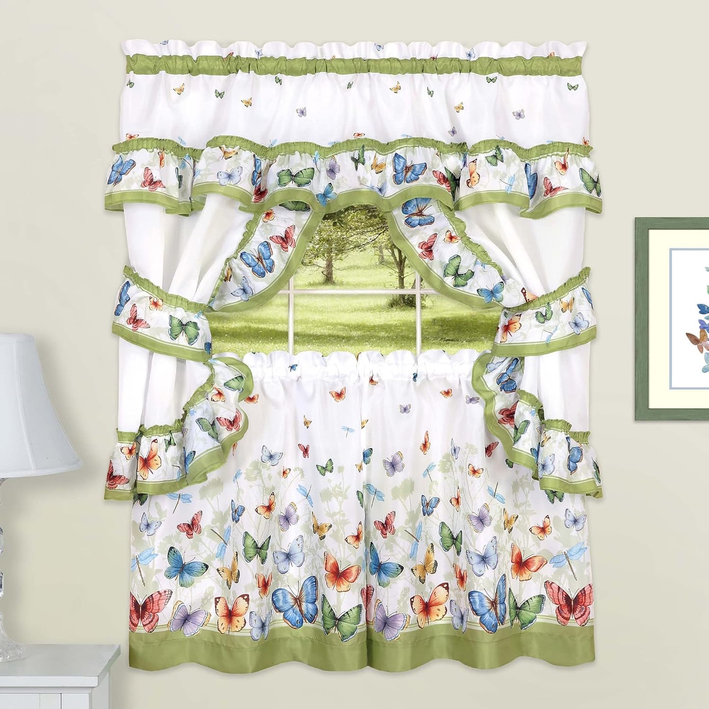 Printed Cottage Window Curtain Set - 57 Inch Width, 24 Inch Length - Green Butterflies - Polyester Soft Treatment