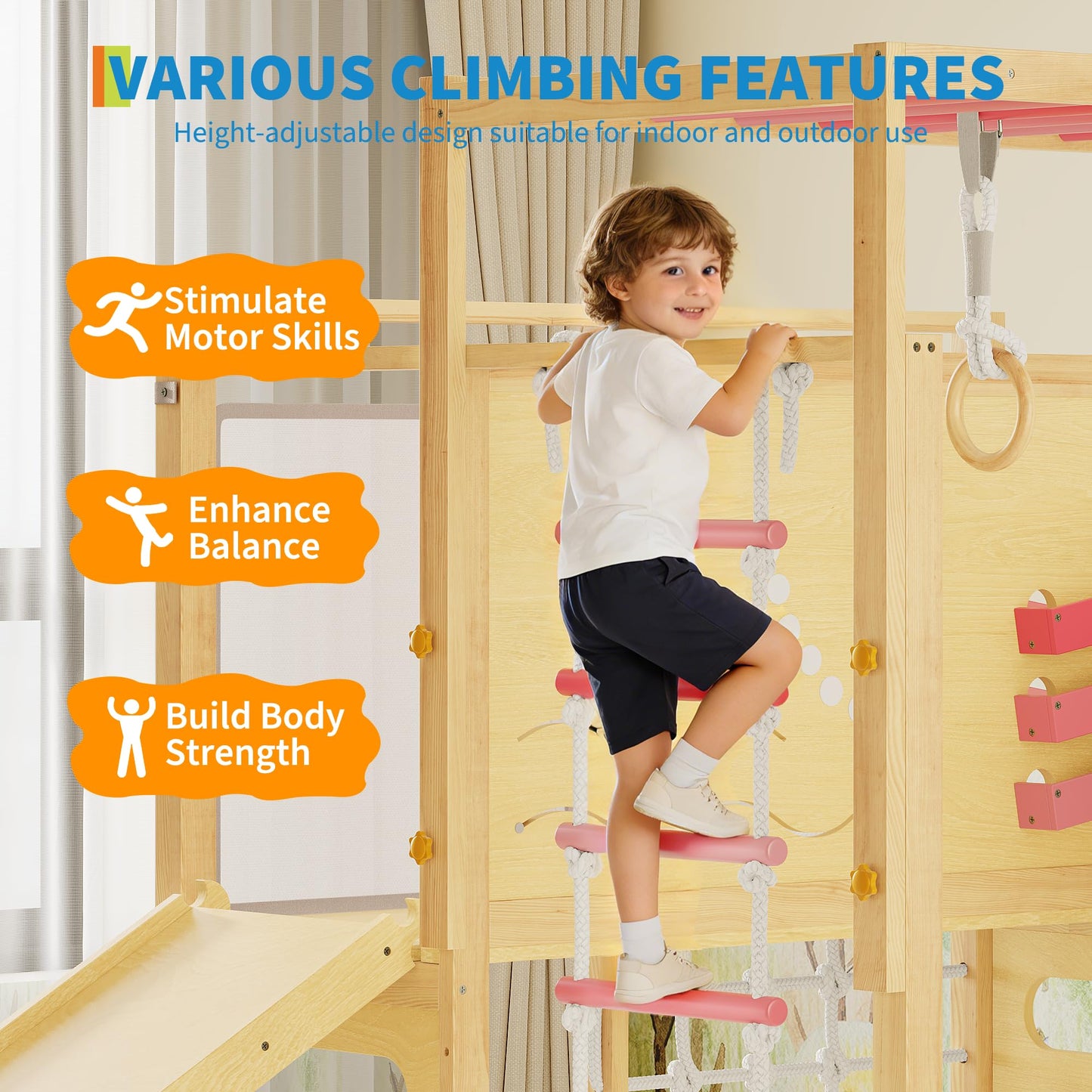 Jungle Gym with Slide, Rock Wall, Wood ＆ Rope Ladder, Monkey Bars, Gym Rings