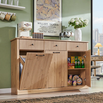 IFGET Triple Tilt Out Trash Can Cabinet, Modern Fluted Laundry Hamper Cabinet with 3 Drawers, 20 Gallon Hidden Wooden Garbage Can Cabinet w/Storage Basket & Adjustable Shelf, for Kitchen, Natural Oak
