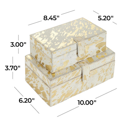 Deco 79 Leather Handmade Decorative Box Decorative Keepsake Boxes with Gold Foil Paint, Set of 2 Storage Boxes 8", 10"W, Gold