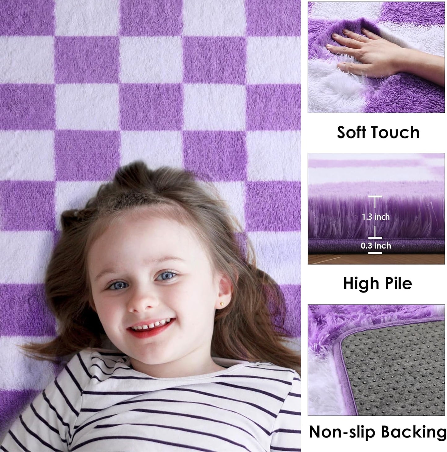 KICMOR 5x8 Purple Rugs for Living Room Bedroom, Fluffy Soft Checkered Area Rug Fuzzy Shag Shaggy Carpet, Indoor Furry