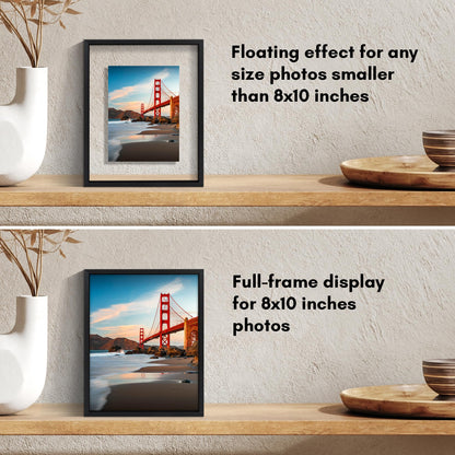 Americanflat Aluminum 8x10 Floating Picture Frame with Shatter-Resistant Glass - Set of 2 - Use as 5x7 Picture Frame or Display 8x10 Photo - Signature Float Collection - Photo Frames for Wall - Black