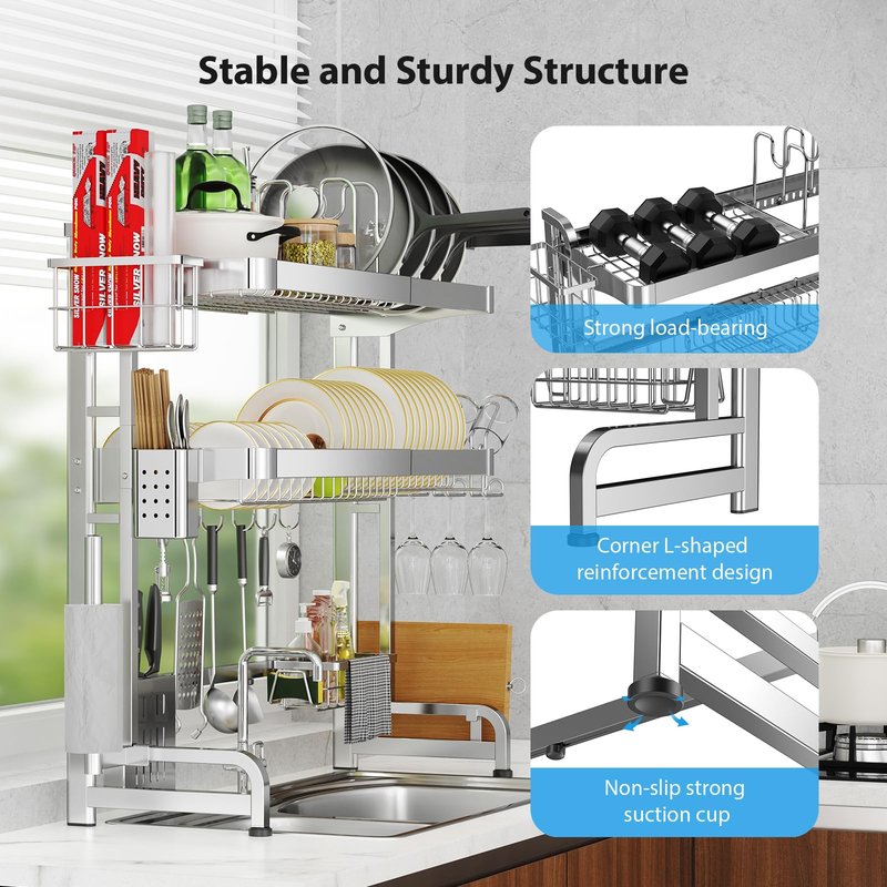 Shrivee Over The Sink Dish Drainer Drying Rack, Full Stainless Steel 3-Tier Adjustable Length Over Sink Dish Drying Rack, Large Capacity Dish Rack Over Sink for Kitchen Counter, Pots & Pans Rack